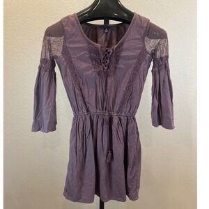 American Eagle Outfitters Purple Lace Bell Sleeve Tassel Tie Mini Dress XXS